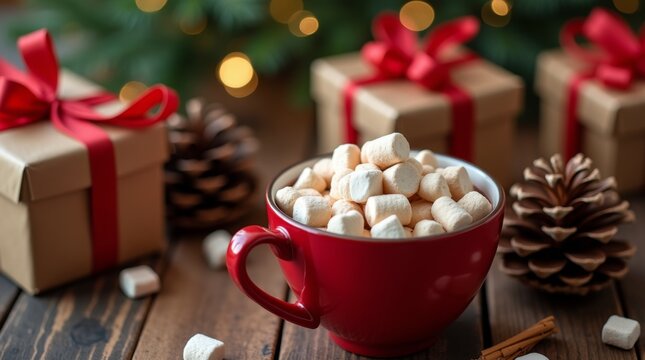 Cozy holiday setting with a red mug filled with marshmallows surrounded by pinecones and Christmas gifts. 