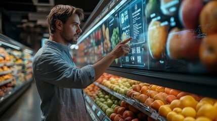 A man interacts with a digital touchscreen display in a modern grocery store