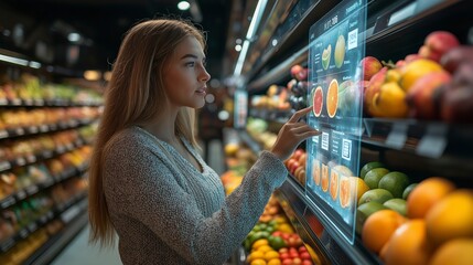 Woman using digital touchscreen in modern grocery store