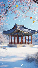 traditional Korean lunar new year celebration Seollal background eating and exchanging gifts in hanok