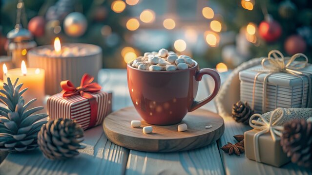 Cozy holiday setting with a red mug filled with marshmallows surrounded by pinecones and Christmas gifts. 