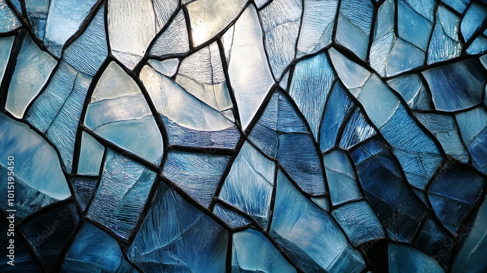 Poster abstract blue mosaic pattern background with light shining through.