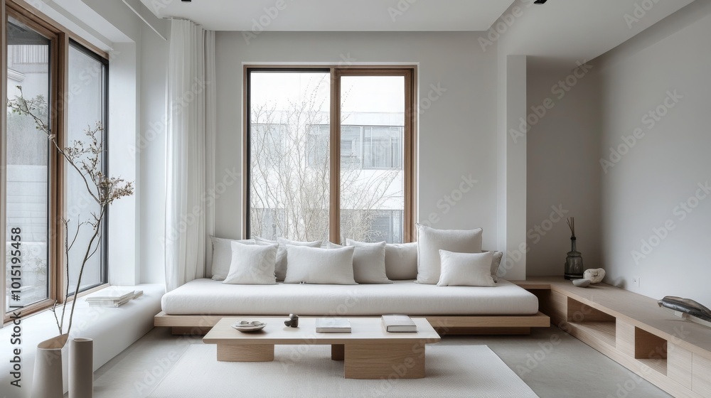 Poster a living room with a white sofa built into a window nook, white pillows, and a wooden coffee table. 