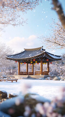Fototapeta premium traditional Korean lunar new year celebration Seollal background eating and exchanging gifts in hanok