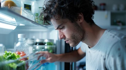 Fototapeta premium Man Searching for Food in a Refrigerator at Night
