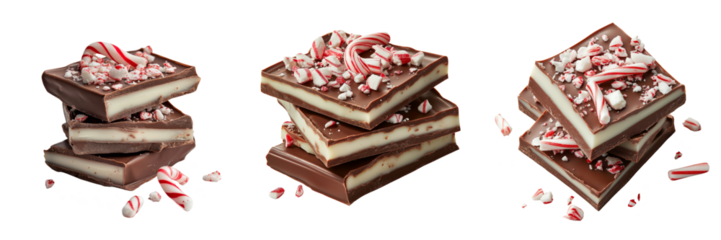 Set of Peppermint bark with chocolate and crushed candy canes isolated on a transparent background