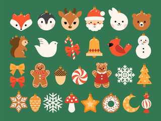 Naklejka premium Vector set ot Christmas tree ornaments in cute cartoon flat style. Clip art of Christmas decoration in red, gold and white colors.