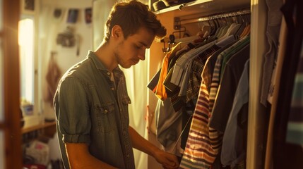 Fototapeta premium Young Man Choosing Clothes From His Closet