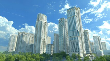 Fototapeta premium legazpi towers, Makati, Greenbelt Hamilton building, anime background, realistic, hd, worms eye view, daytime, sky, clouds, no trees, 
