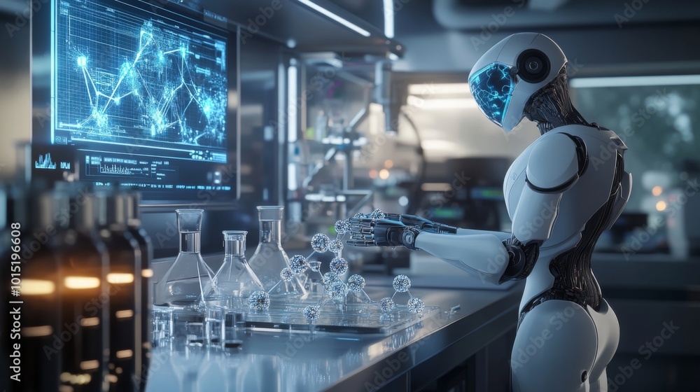 Poster In a sleek laboratory filled with advanced technology, a humanoid robot meticulously conducts experiments using glass beakers and intricate equipment, highlighting the fusion of science and robotics.