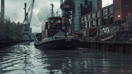 A Rusty Tugboat Navigates a Narrow Industrial Canal