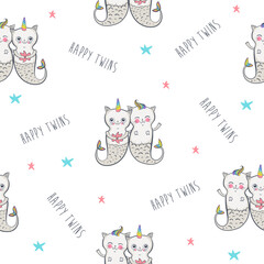 Seamless pattern background kitty cat twins unicorn on white. Doodle cartoon style, vector illustration