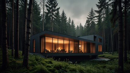 A modern, black cabin with large windows nestled in a dense forest at dusk.