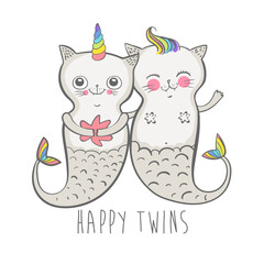 Cute cat mermaid, unicorn cat, twins vector