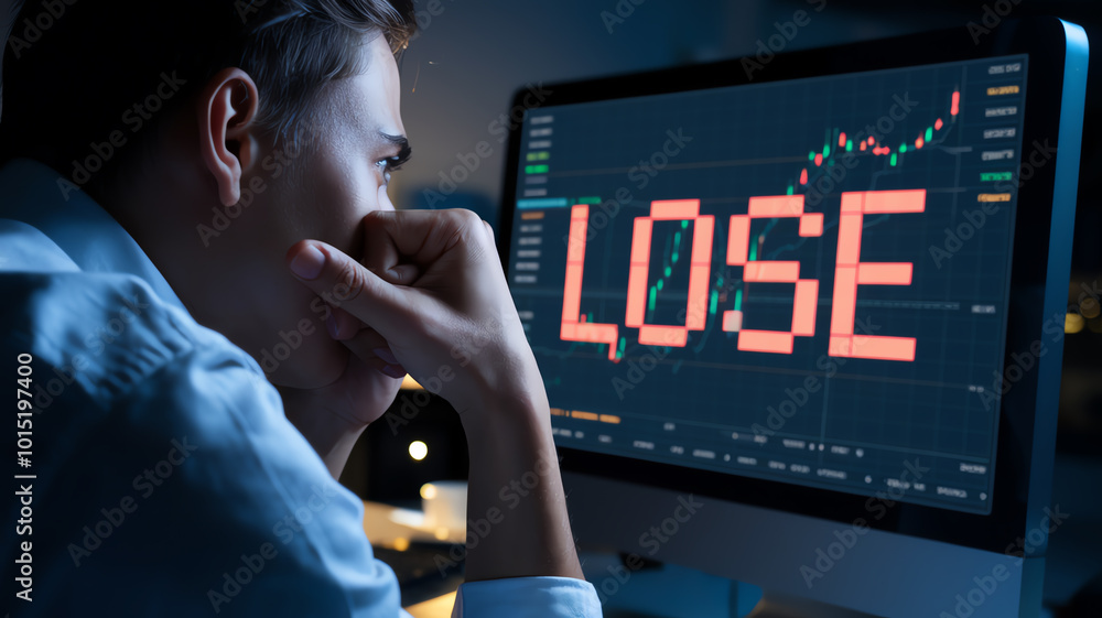 Aufkleber man looking at computer screen displaying financial loss.