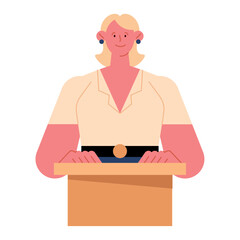 female politician stands behind the podium