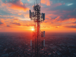 5G telecommunications tower silhouetted against vibrant sunset sky, AI generated