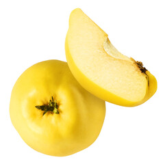 Fresh ripe yellow Quince fruit  falling in the air isolated on white background. Food levitation or...