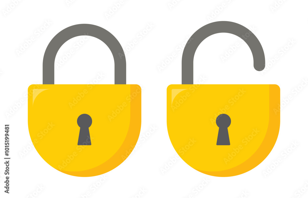 Poster lock and unlock vector illustration with bottom round style in yellow color on white background. loc