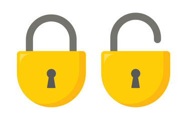 Lock and unlock vector illustration with bottom round style in yellow color on white background. Lock icon collection. Locked and unlocked icon set. Flat security symbol. Vector illustration.