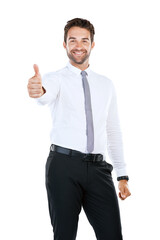 Thumbs up, happy and portrait of business man in studio with hand gesture for success, support and approval. Corporate, white background and isolated person with emoji for agreement, yes and okay