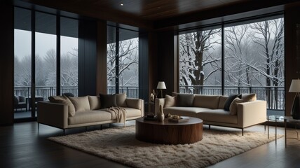 Fototapeta premium A modern living room with large windows overlooking a snowy winter landscape.
