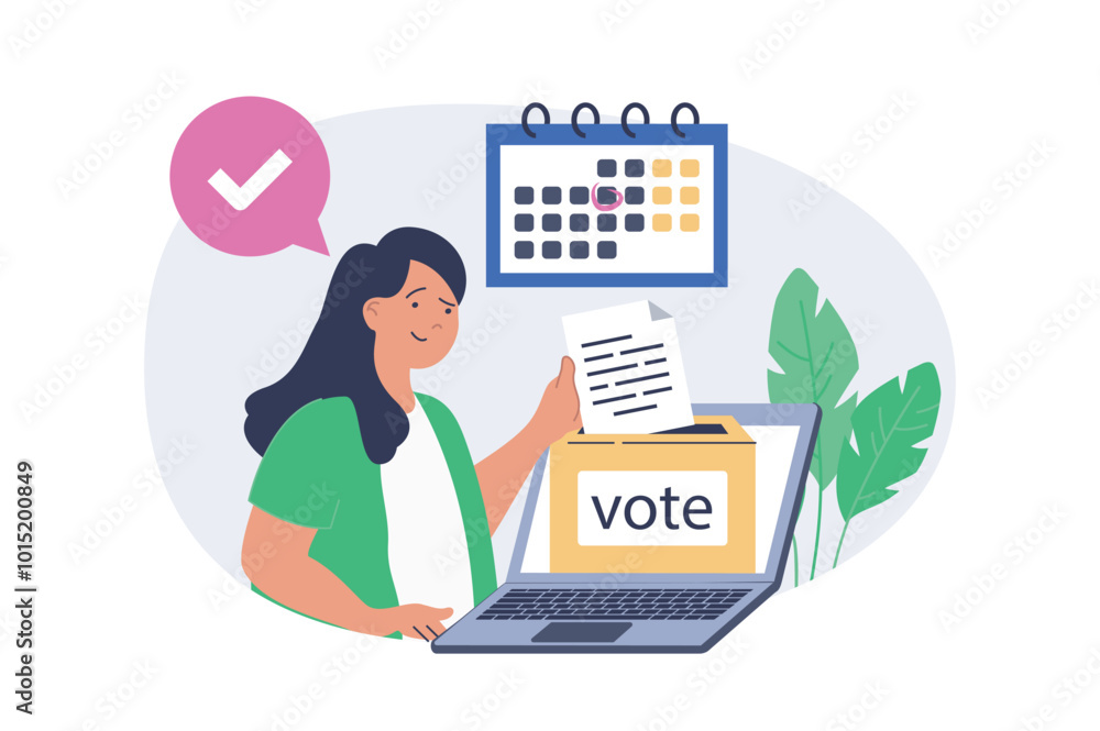 Poster online voting concept in modern flat design for web. woman putting blank in ballot box in digital fo