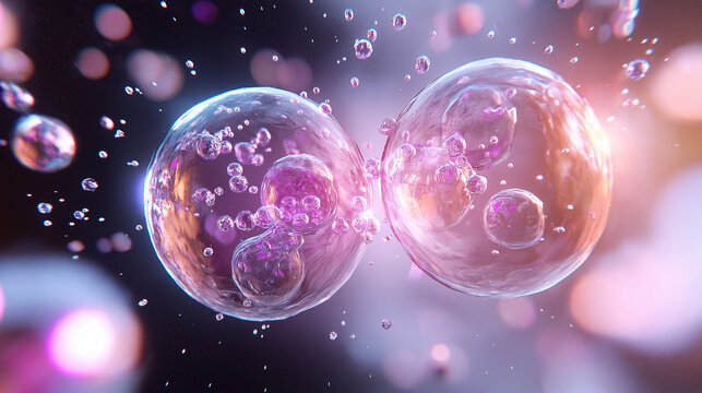 Two molecules merging into one, surrounded by a cloud of particles, symbolizing unity and creation &ndash; A dramatic metaphor for uniting and building, where molecular cooperation creat