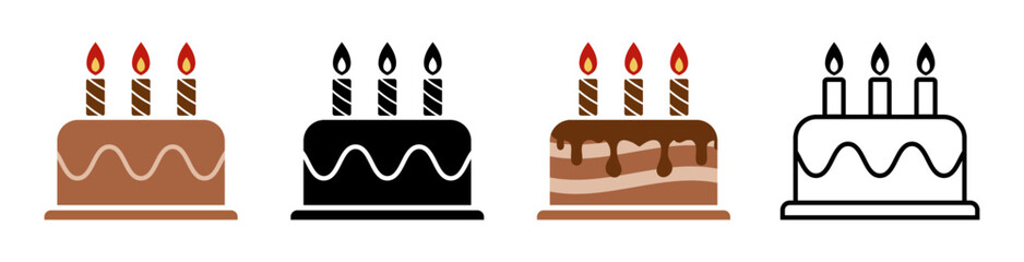 Birthday cake icon symbol. Birthday cake vector icon set Isolated vector illustration on a white background. Festive cake with candles. Cake icon symbol different shape. Flat design.