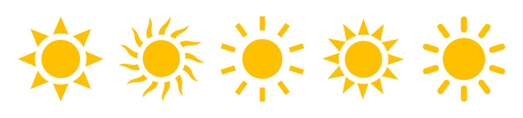 Sun icons. Sun vector icon set in yellow color isolated. Sun icons collection in yellow color. Solar summer icon isolated on white background. Flat design. Vector illustration.