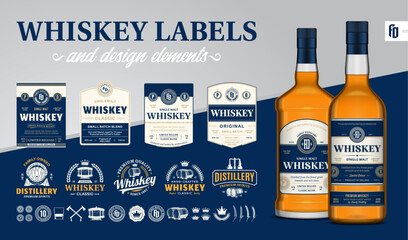 Vector blue and beige premium quality whiskey labels. Realistic whiskey glass bottle mockups. Distillery branding and identity design elements