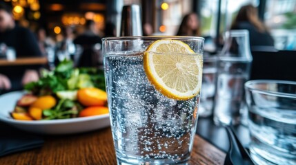 A glass of sparkling water with a lemon slice on a table in a restaurant.