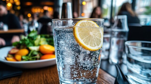 A glass of sparkling water with a lemon slice on a table in a restaurant.