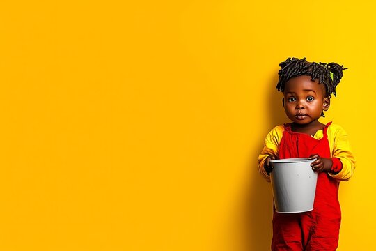 Minimalist design of a child holding an empty bucket, symbolizing the daily struggle for water in rural poverty