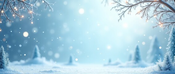 Magical winter landscape with fluffy snow-covered fir trees and sparkling snowflakes against the blue sky for a poster or banner