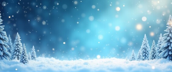 Magical winter landscape with bokeh and fluffy snow-covered fir trees and sparkling snowflakes against blue sky for poster or banner