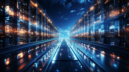 Cinematic Data center full of Server Racks, Server Networking room or Server center providing cloud storage facility and controlled and secure environment for hosting or Storage devices