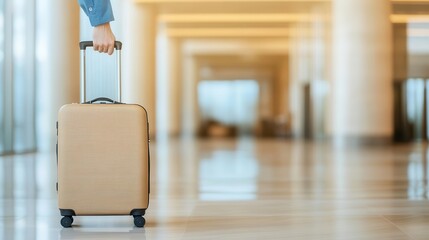 A business traveler checking into a luxury hotel lobby with a suitcase close up   Efficiency and comfort while on the go   realistic   Composite   Hotel lobby backdrop