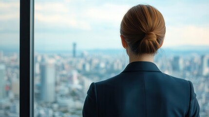 A business traveler looking out the window of a high-rise hotel suite at the city below close up   Reflection and relaxation in between meetings   ethereal   Blend mode   City view