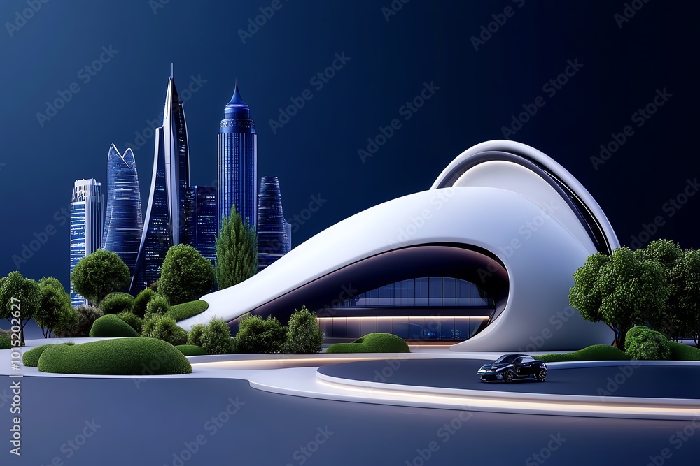 Aufkleber minimalist design of a futuristic cityscape, with clean lines and geometric shapes representing inno