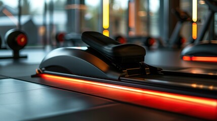 Naklejka premium Close-up of a Black Treadmill with a Red Light Strip