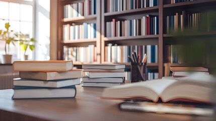 Open Book on Wooden Desk with Bookshelves and Pens in Background