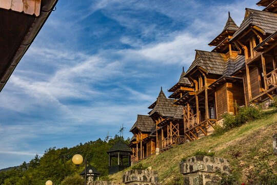 Serbian architecture of wooden buildings with beautiful natural background, Serbia, Europe, Balkans