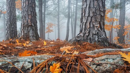 Pine Tree Bases in a Foggy Forest with Autumn Leaves