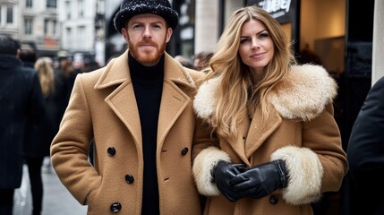 Obraz premium A fashionable couple stands confidently on a city street, dressed in elegant camel coats with fur collars, showcasing their winter style amidst a crowd