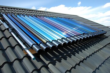 Obraz premium A close-up of a solar panel system installed on a residential roof. The panel is made up of several long, shiny tubes reflecting light from the sky.