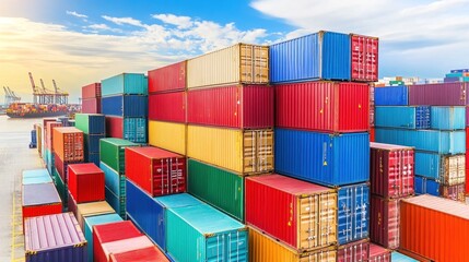 Stacked shipping containers in vibrant colors create an eye-catching view at a port during sunset, with cranes and a blue sky enhancing the industrial landscape
