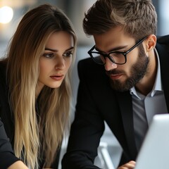 Working together on project. two young business colleagues working on computer.