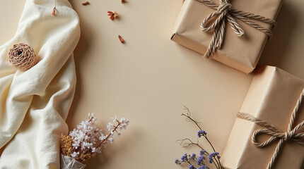 A serene arrangement featuring neatly wrapped gift boxes tied with twine, accompanied by delicate dried flowers and soft fabric, creating a warm, inviting atmosphere