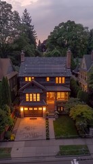 An aerial view of a large, modern home with a stone facade, illuminated by warm lights in the twilight.